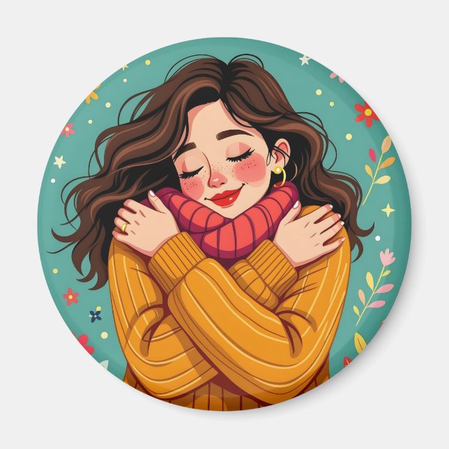 Liebe Sie selbst | Mädchen umarmt sich selbst Magnet (Vorne)