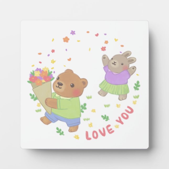 Liebe Sie: Teddy Bear & Bunny mit Blume Fotoplatte (Vorderseite)