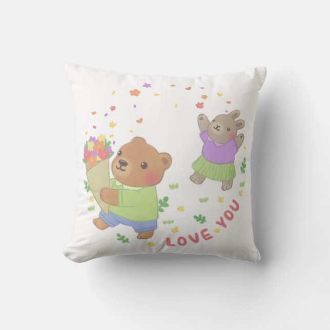 Liebe Sie: Teddy Bear & Bunny mit Blume Kissen (Vorderseite)