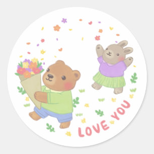 Liebe Sie: Teddy Bear & Bunny mit Blume Runder Aufkleber
