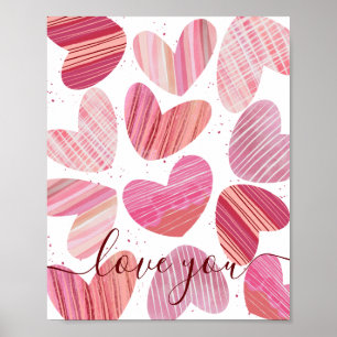 Liebe Sie Valentine Pink Wasserfarbenherzen Poster