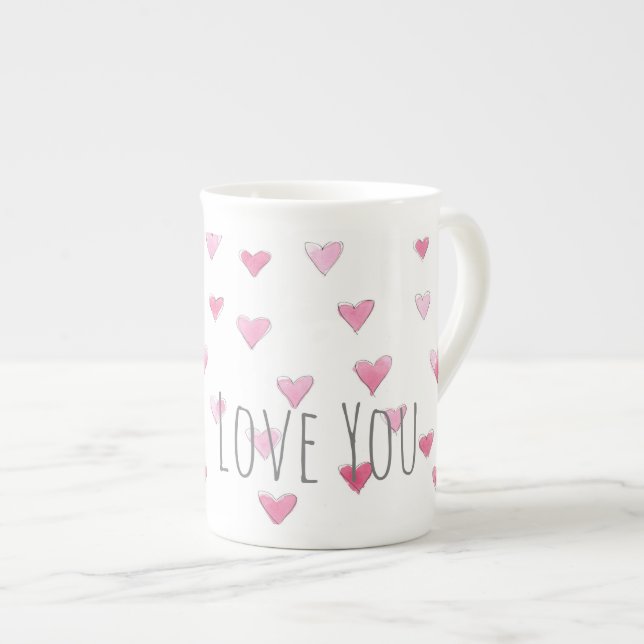 LIEBE SIE Wasserfarbe Süße Herzen Valentine Rosa Prozellantasse (Vorderseite Rechts)