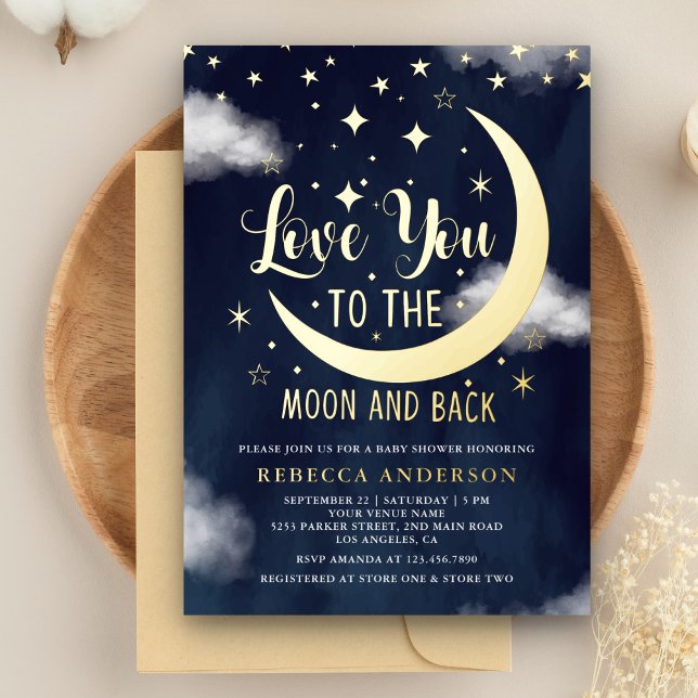 Liebe Sie zum Mond und zurück Baby Shower Gold Folieneinladung (Von Creator hochgeladen)