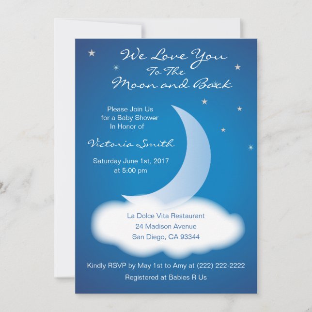 Liebe Sie zur Mond und Back Baby Dusche - Blau Einladung (Vorderseite)