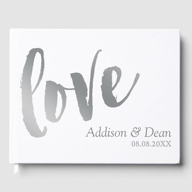 Liebe | Silver Brush Script Wedding Gästebuch (Vorderseite)