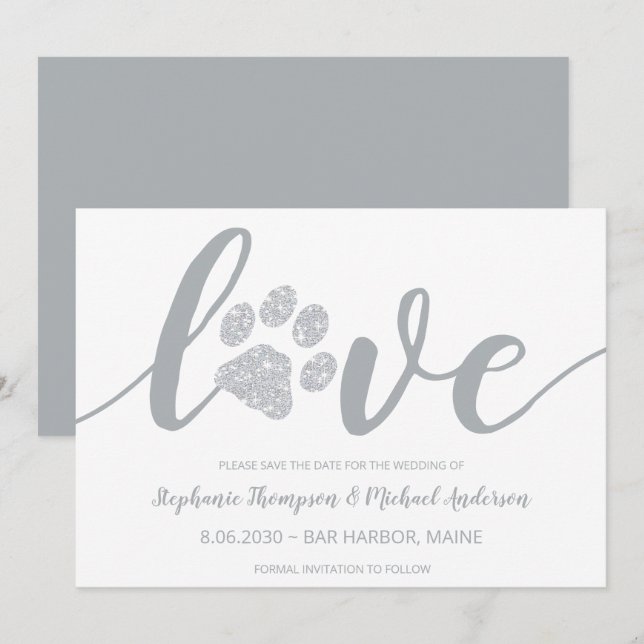 Liebe Silver Glitzer Paw Printhochzeit Save The Date (Vorne/Hinten)