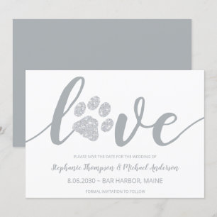 Liebe Silver Glitzer Paw Printhochzeit Save The Date
