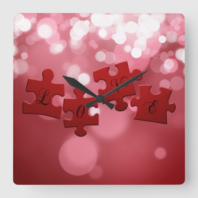 Liebe Skript Puzzle Pieces Quadratische Wanduhr (Vorderseite)