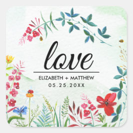 Liebe. Sommerliche Wildblumen Hochzeitsticker Quadratischer Aufkleber