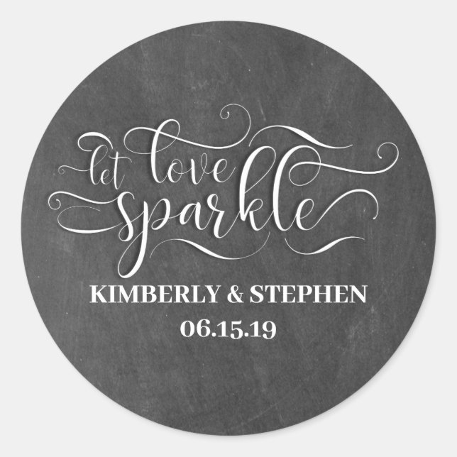 Liebe-Sparkle-Khalkboard-Hochzeit gelassen Runder Aufkleber (Vorderseite)