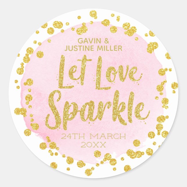 Liebe Sparkle Pink mit goldener Confetti-Hochzeit  Runder Aufkleber (Vorderseite)