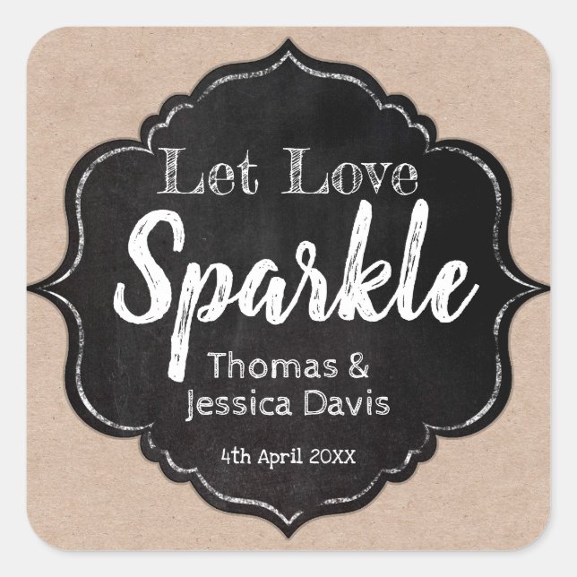Liebe Sparkle Rustikale Hochzeitskarte gelassen Quadratischer Aufkleber (Vorderseite)