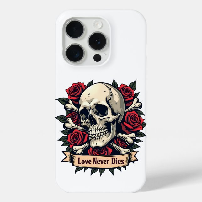 Liebe stirbt nie Schädel und Rose Case-Mate iPhone Hülle (Rückseite)