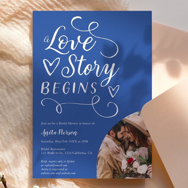 Liebe Story Blue White Foto Brautparty Einladung (Von Creator hochgeladen)