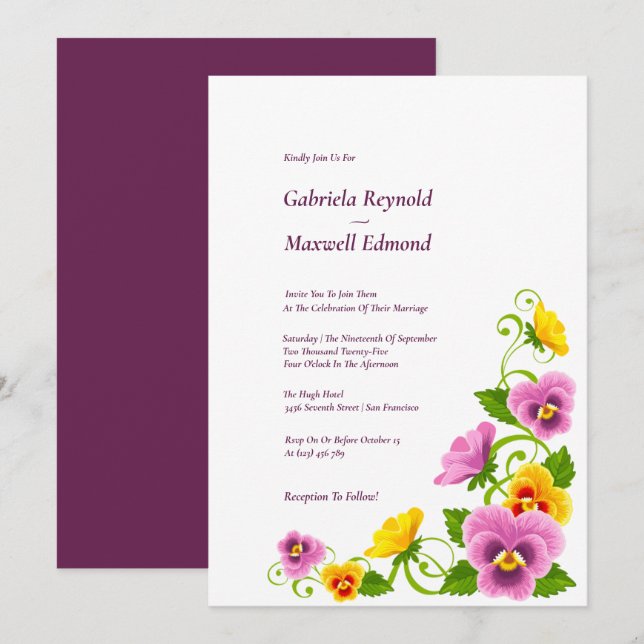 Liebe Story Celebration Wasserfarbe Pansy Hochzeit Einladung (Vorne/Hinten)