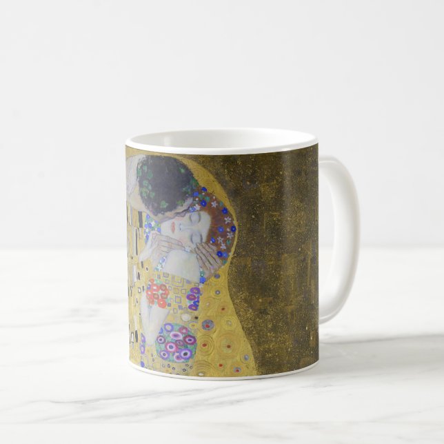 Liebe Tapestine: Ein Kuss in Gold von Klimt Valent Kaffeetasse (VorderseiteRechts)