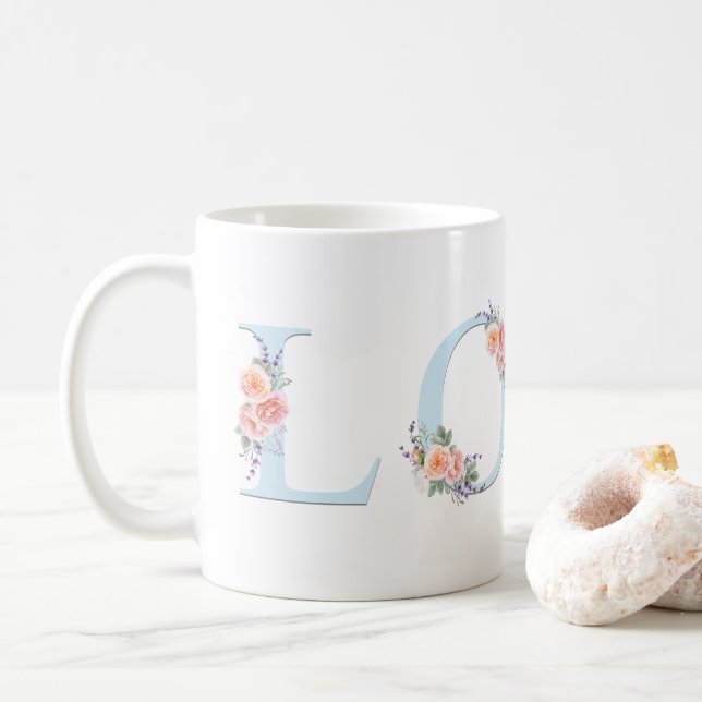 Liebe Tasse Pastel Floral Alphabet Typografie (Mit Donut)