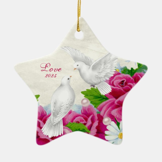 Liebe-Tauben + Blumen - Herz-geformte Verzierung Keramikornament (Vorne)