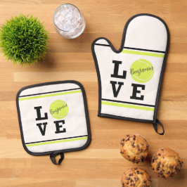 Liebe Tennis Ball Personalisierter Name Ofenhandschuh & Topflappen-Set