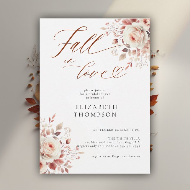 Liebe Terracotta Rose Rustikales Brautparty Einladung (fall in love bridal shower invitation rose botanical foliage leaf watercolor elegant modern rustic)