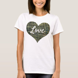 Liebe Textherz Form Gelbe blaue Gitterlinie T-Shirt