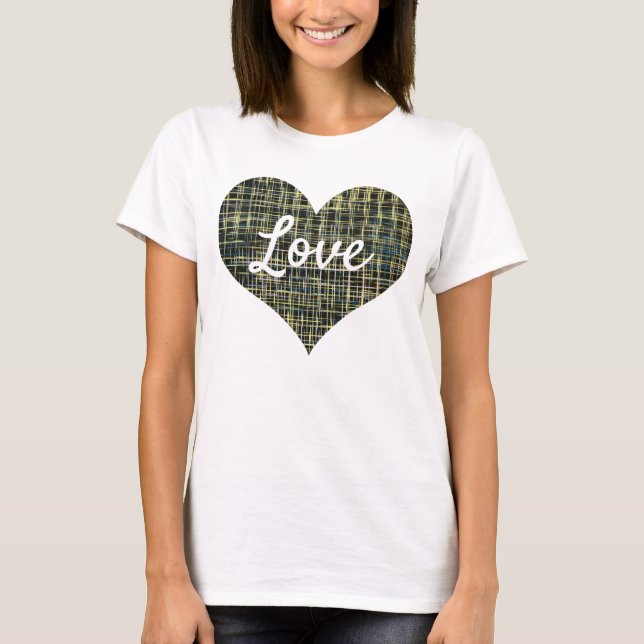 Liebe Textherz Form Gelbe blaue Gitterlinie T-Shirt (Vorderseite)