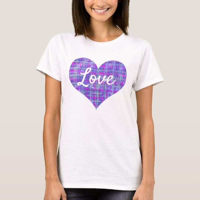Liebe Textherz Form Rosa und Lila Gitter T-Shirt (Vorderseite)