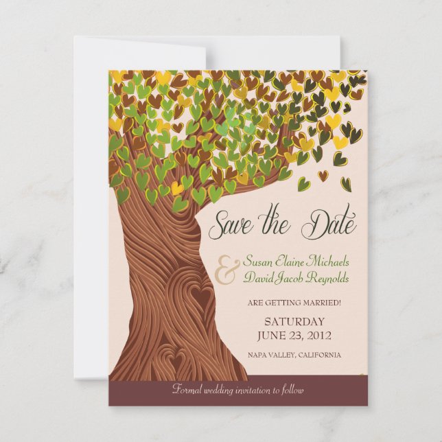 Liebe Tree Falling Heart Blätter Save the Date (Vorderseite)