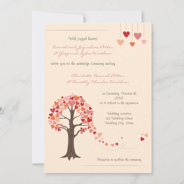 Liebe Tree Hearts Wedding Einladung (Vorderseite)