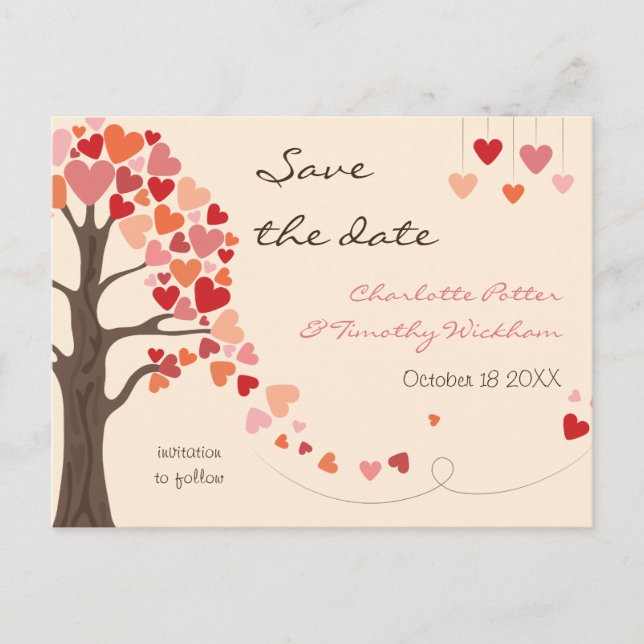 Liebe Tree Hearts Wedding Save the Date Ankündigungspostkarte (Vorderseite)