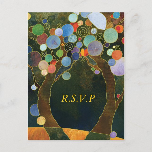 Liebe Trees (in blau): Hochzeitstipendium für RSVP Einladungspostkarte (Vorderseite)