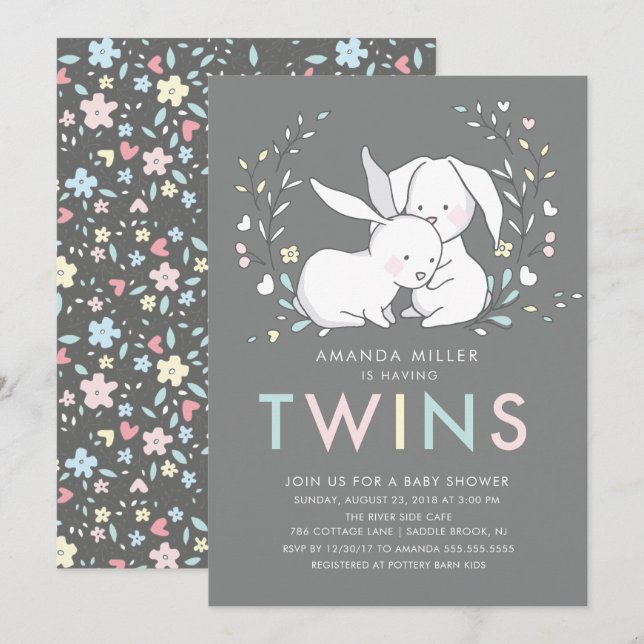 Liebe TWINS Kinderdusche Einladung (Vorne/Hinten)