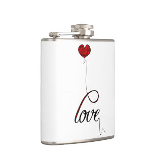 "Liebe-" Typografie mit rotem Herz-Ballon Flachmann