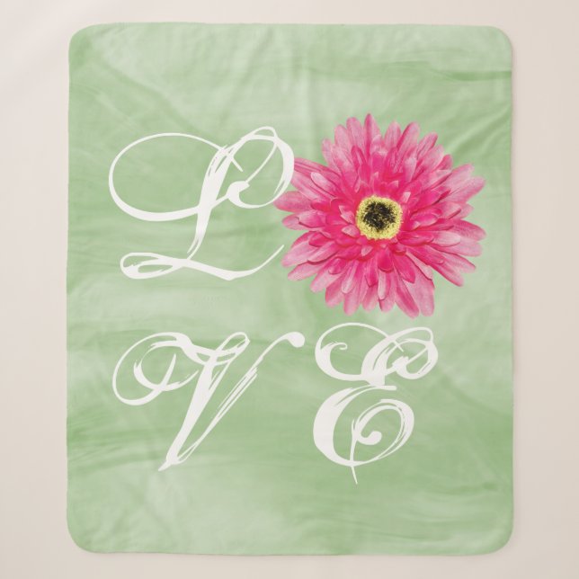 LIEBE Typografie Pink Gerbera Daisy Blume auf Gree Sherpadecke (Vorderseite)