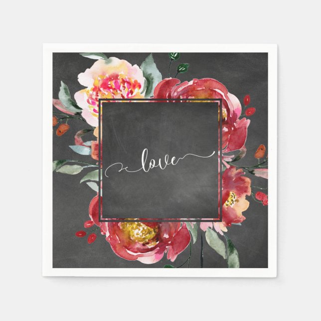 Liebe Typografie Red Floral Bouquet auf Chalkboard Serviette (Vorderseite)