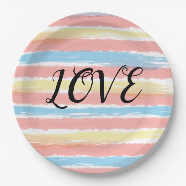 Liebe Typografie Rosa Gelb Blau Pappteller (Vorderseite)