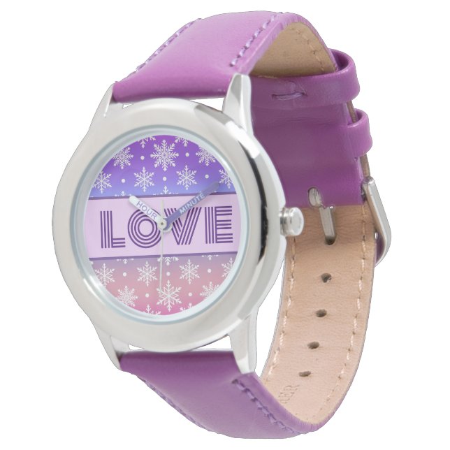 LIEBE Typografie Schneeflocken Lila Armbanduhr (Schrägansicht)