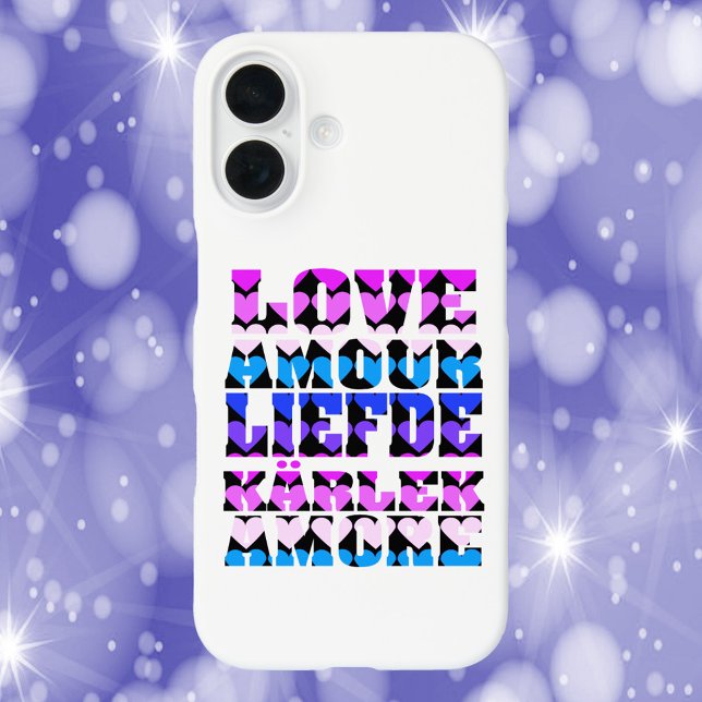 Liebe Typografie Sprachen Herz Rosa Lila Blau iPhone 16 Hülle (A phone case that says love in a variety of languages in pink, purple and blue)