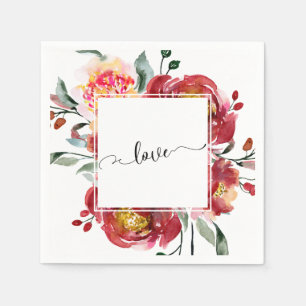 Liebe Typografie über Red Floral Bouquet Serviette
