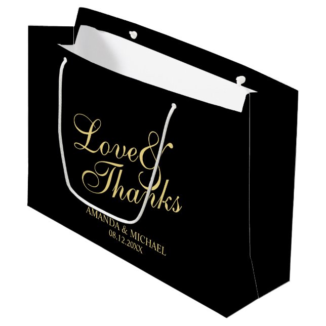 "Liebe-u. Dank-" Schwarzes u. Goldelegante Große Geschenktüte (Vorderseite Schrägansicht)