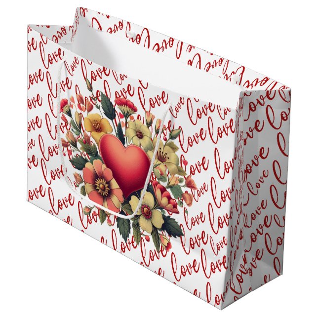 Liebe und Blumen Valentinstag  Große Geschenktüte (Vorderseite Schrägansicht)