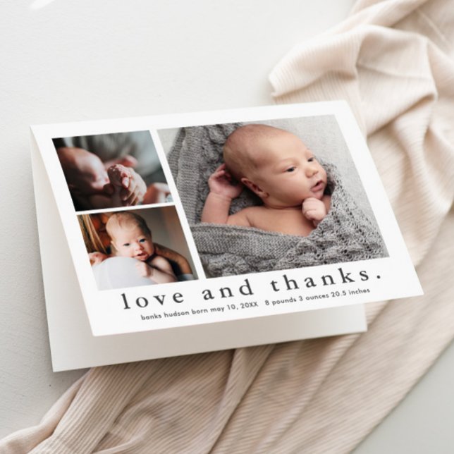 Liebe und Dank 3 Foto Collage Baby Dankeskarte (Simple black and white love and thanks 3 photo collage baby thank you card birth announcement.)