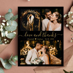 Liebe und Dank an Black and Gold Wedding Vielen Da Dankeskarte<br><div class="desc">Elegante, moderne Schwarz und Gold Hand Lettered Wedding 3 Foto Collage Dankeschön Karte. Stilvolle Hochzeit danke Ihnen Karte Vorlage mit (3) drei Foto auf der Vorderseite und (1) ein Foto auf der Rückseite. Mit dem Text "Liebe und Dank" in einer kursiven Wirblen Hand schreiben Typografie-Skript Swash-Schwanz Schriftart in goldener Farbe...</div>
