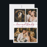 Liebe und Dank an Burgundy Script Wedding Foto Dankeskarte<br><div class="desc">Elegantes, Minimalistisches Weiß und Burgund Hand Lettered Skript Hochzeit Foto Dankeschön Karte. Stilvolle Hochzeit danke Ihnen Karte Vorlage mit drei (3) Foto auf der Vorderseite und ein (1) Foto auf der Rückseite. Mit dem Text "Liebe und Dank" in einem Wirblen handgeschriebenen Typografie-Skript-Schriftart in Bordeaux oder Weinrot auf weißem Hintergrund. Personalisieren...</div>