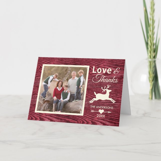 Liebe und Dank an Red Rustic Foto Holiday Dankeskarte (Vorderseite)