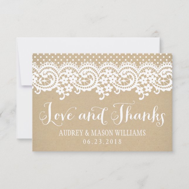 Liebe und Dank an Rustic Kraft and Lace Wedding Dankeskarte (Vorderseite)