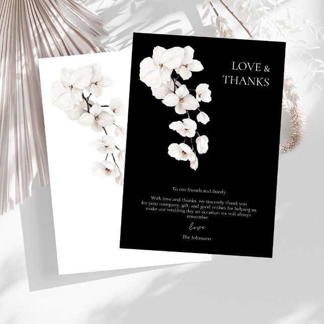 Liebe und Dank an Schwarz-weiße Orchids Blumenhoch Dankeskarte (Modern Black and White Orchids Flowers Love and Thanks Wedding Thank You Card )