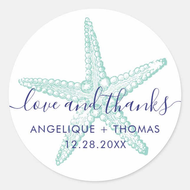 Liebe und Dank an Starfish Beach Wedding Gefallen Runder Aufkleber (Vorderseite)
