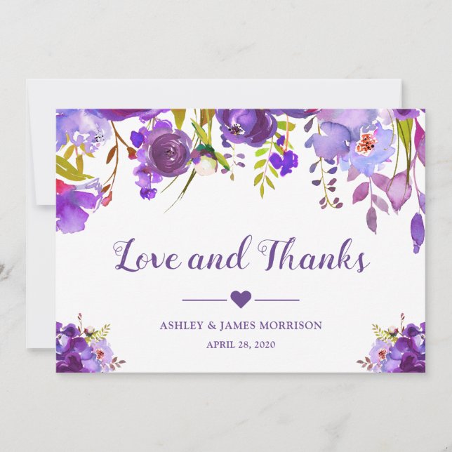 Liebe und Dank an Violet Lila Wasserfarben Dankeskarte (Vorderseite)