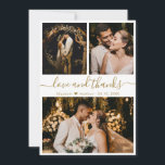 Liebe und Dank an White Gold Wedding Vielen Dank Dankeskarte<br><div class="desc">Elegante, moderne White und Gold Hand Lettered Wedding 3 Foto Collage Dankeschön Karte. Stilvolle Hochzeit danke Ihnen Karte Vorlage mit (3) drei Foto auf der Vorderseite und (1) ein Foto auf der Rückseite. Mit dem Text "Liebe und Dank" in einer kursiven Wirblen Hand schreiben Typografie Skript Swash-Schwanz Schriftart in goldener...</div>